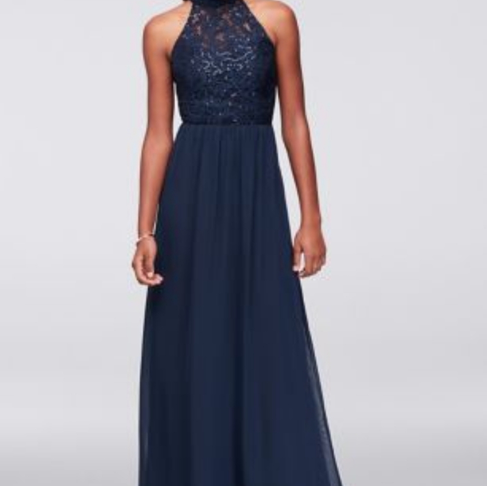 High neck navy illusion gown with ladder back detail. Size 14.